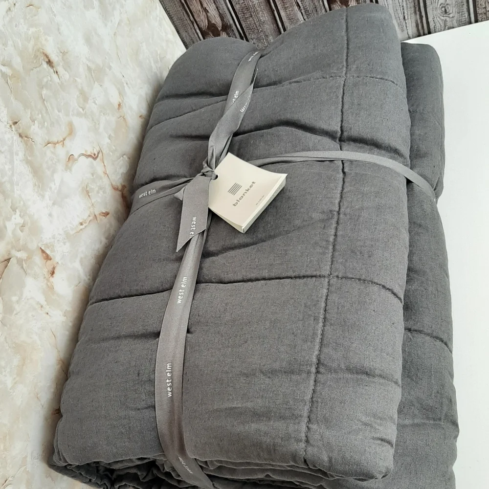 West Elm European Flax Linen Box Stitch Quilt Iron Blue